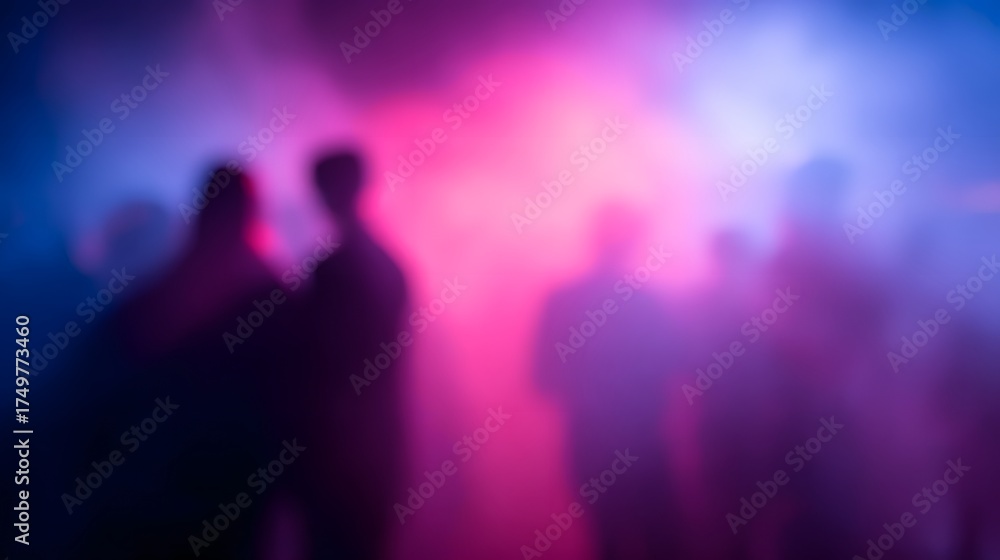 Fototapeta premium Halloween nightclub blurred blurred silhouettes in costumes under fog and strobe lighting