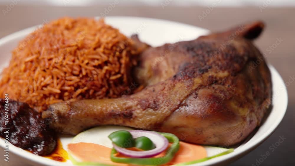 Ghanaian Jollof Rice with Grilled Chicken, Long-grain rice cooked in a ...