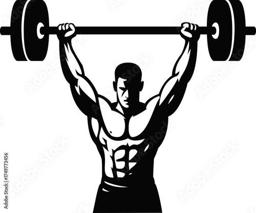Logo for a coaching: a muscular athlete lifting a bar with weights above his head, in black and white silhouette style