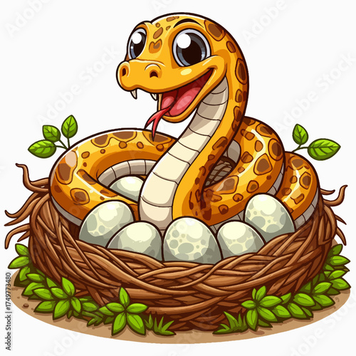 A friendly cartoon snake with brown spots coiled in a nest guarding a clutch of white eggs.