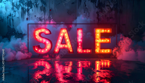 Vibrant Neon Sale Sign with Reflective Surface and Smoky Atmosphere.