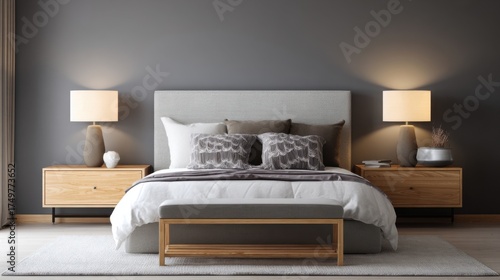 scandinavian contemporary bedroom, upholstered bed, dusty grey wall, smooth oak nightstands, warm ambient lighting