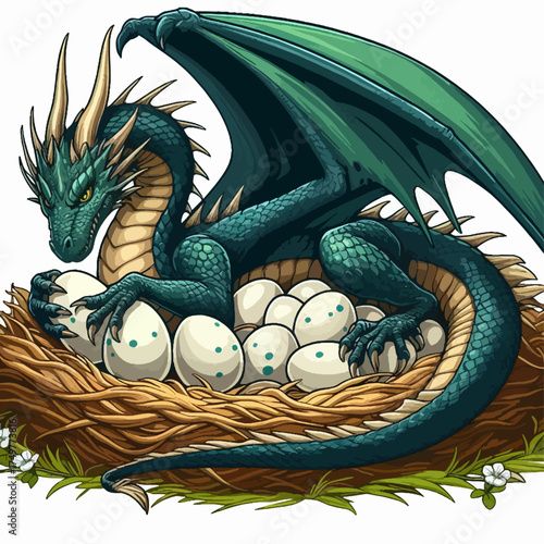 A majestic green dragon, guarding its nest filled with speckled eggs, in a detailed illustration.