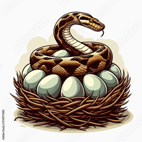 A detailed illustration of a brown python snake coiled protectively on top of a bird's nest filled with eggs.