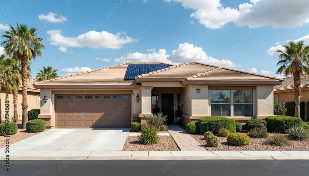 Fototapeta premium Suburban home with solar panels. Exterior design includes desert style landscaping, two car garage. Modern architecture features sustainable eco-friendly living. Building renewable energy solutions