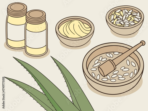 Natural Aloe Vera Beauty Treatment Preparation Still Life for Health and Wellness, Perfect for Spa and Skincare Product Marketing (Originally a Scalable Vector Graphic)