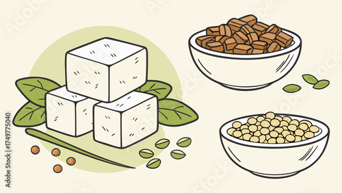 Healthy protein power with fresh tofu cubes, savory tempeh, and nutritious soybeans in bowls, perfect for vegan meal planning and delicious vegetarian recipes