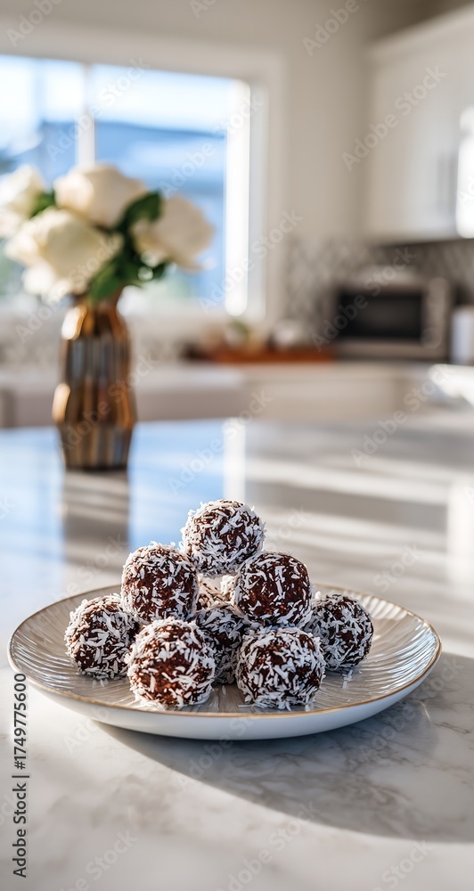 Naklejka premium Delicious chocolate coconut balls on a plate in a bright, modern kitchen, perfect for healthy snacking or a sweet treat after dinner with family and friends
