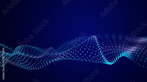 Futuristic wave of dots with moving particles. Abstract technology background. 3D visualization of big data. 3D rendering.