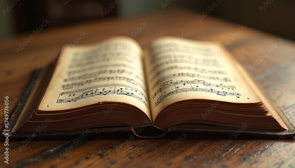 Fototapeta premium Open antique sheet music book on wooden table. Vintage musical notes and score displayed in aged book. Classic music history concept. Nostalgic cultural design. Close up illustration of aged paper.