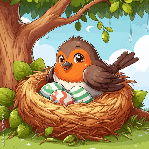 A cute cartoon bird sits in a nest with colorful Easter eggs under a tree.