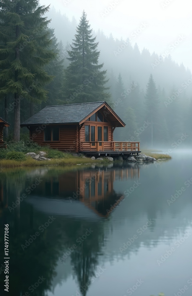 Fototapeta premium Wooden cabin sits by misty lake shore. Tall evergreen trees rise behind house. Calm water reflects building and forest. Serene natural landscape at dawn or dusk.