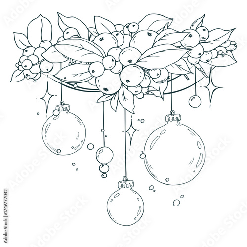 This illustration shows a festive garland of snowberries and berries with hanging Christmas baubles and magical stars. This delicate monochrome line art is ideal for holiday invitations and gift wrap
