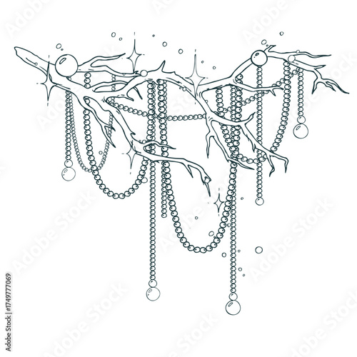 An artistic composition of a leafless branch with elegant beaded strands and subtle starlight. This versatile hand-drawn illustration is great for wedding invitations and minimalist branding.