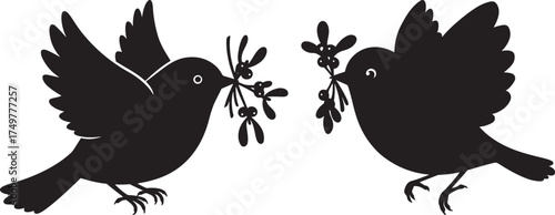 Two silhouette birds carrying mistletoe branches isolated on white background