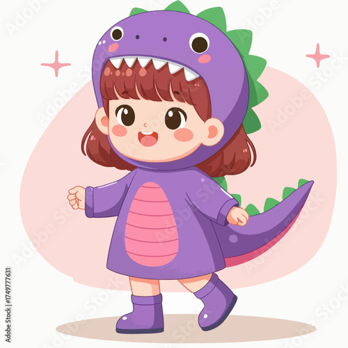 A cute cartoon girl wearing a purple dinosaur costume, smiling happily.