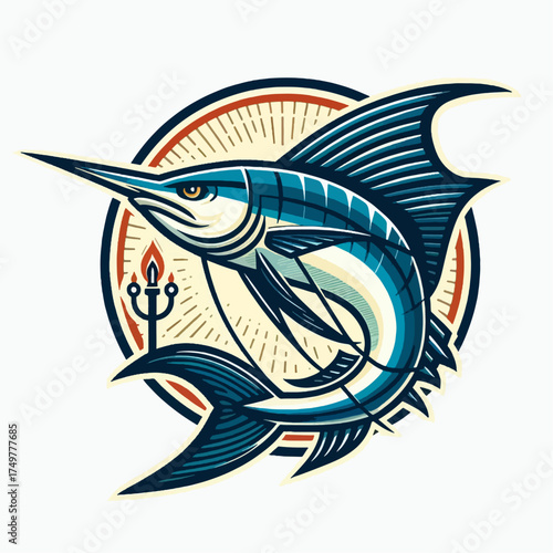 A dynamic blue marlin logo emblem with a flaming trident symbol inside a circular frame.