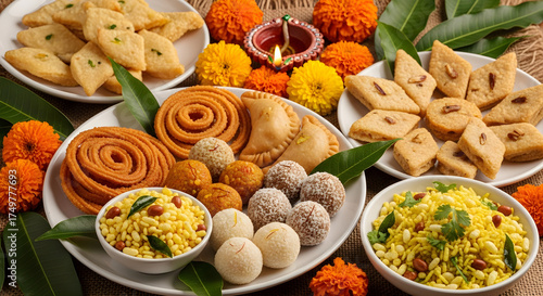 A festive spread of Indian sweets and snacks for the Diwali festival.