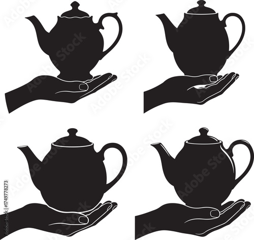 Four black silhouette teapots held in open hands isolated on white background silhouette