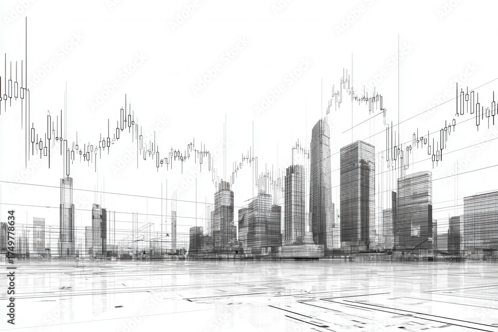 Fototapeta premium A grayscale illustration merging financial charts with a stylized cityscape, portraying urban economics