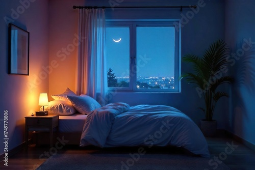Serene Nighttime Bedroom Soft Lighting, Peaceful Atmosphere, Ideal for Relaxation and Sleep Content