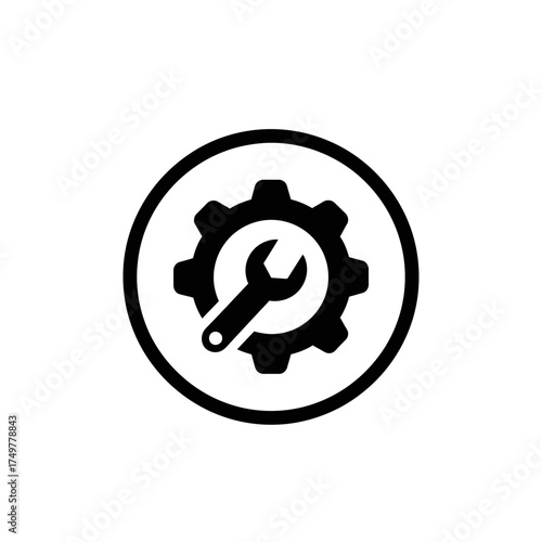Gear and Wrench Icon – Black Engineering Maintenance Symbol for Settings, Tools, and Technical Service