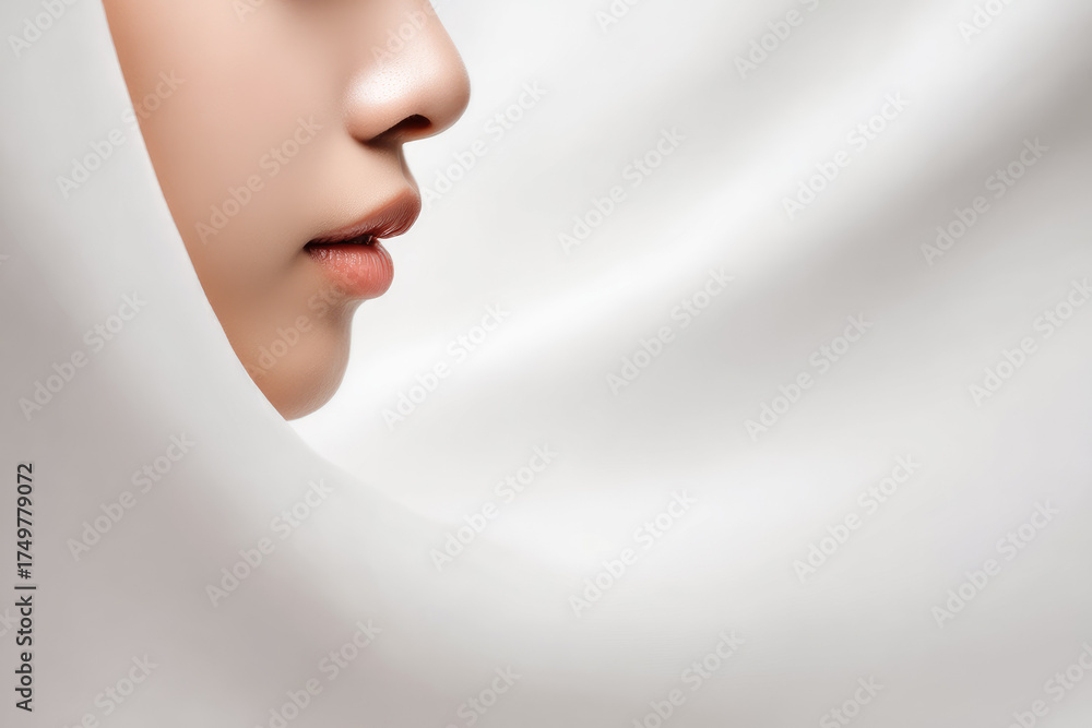 Naklejka premium Minimal studio shot side profile of Japanese woman face with smooth skin, natural makeup, soft lips, and white fabric background, evoking calm and elegance