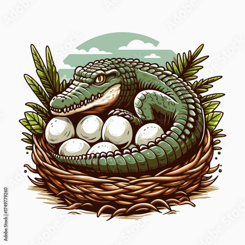 A green mother crocodile protectively curled around her clutch of white eggs in a nest.