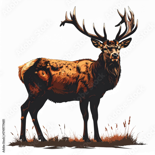 A large elk with impressive antlers stands on grass against a white background.
