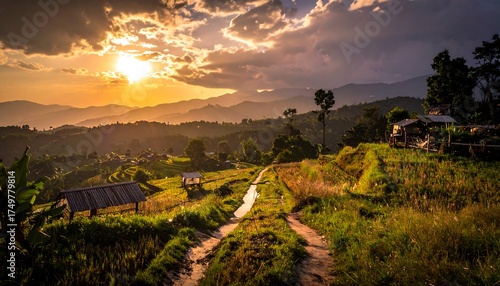 A captivating sunset bathes a terraced landscape in golden light. Hills recede into the distance under a dramatic, cloud-filled sky. Small structures dot the scenery