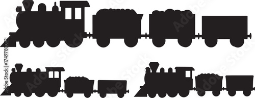 Two distinct black steam train silhouettes with coal cars isolated on white background