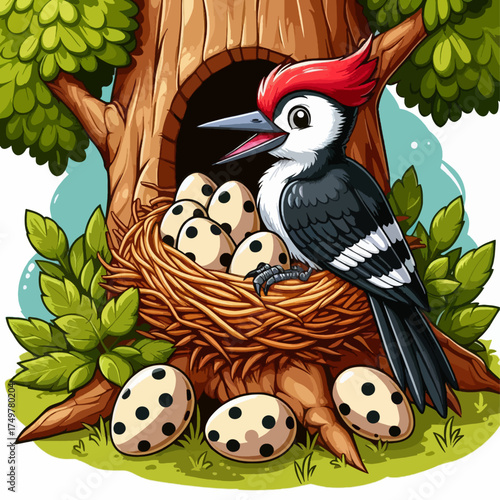 A cartoon woodpecker with a red crest guards its nest full of spotted eggs in a tree hollow.