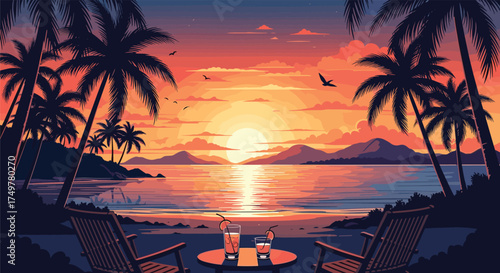 Pixel art tropical beach paradise at sunset with palm trees and ocean view.