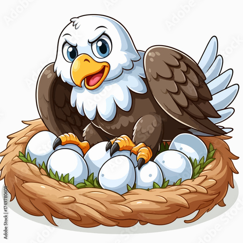 A cartoon bald eagle protectively sits on a nest filled with white eggs, with its wings spread wide.