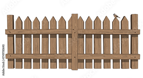 A simple wooden picket fence with a bird perched on top.