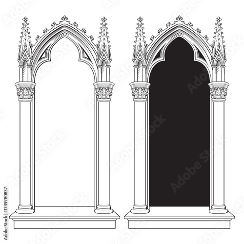 Gothic Arch Window with Ornate Columns and Decorative Architecture Medieval Cathedral Frame Vector Illustration