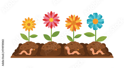 Colorful flowers grow in soil with cute worms.
