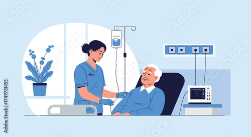 A nurse caring for an elderly patient in a hospital room providing medical support.