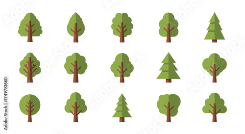 A collection of stylized pixel art trees in various shapes and sizes.