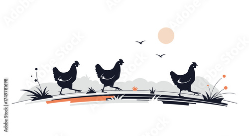 Three chickens walking across a grassy field under a pale sun.