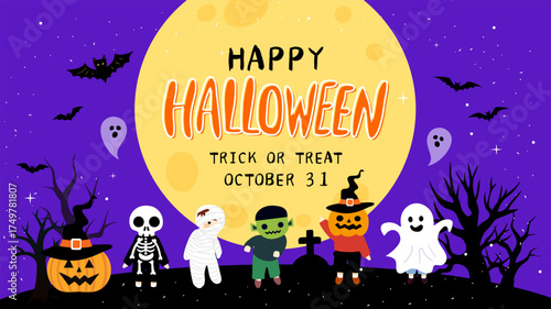 Halloweenthemed people emotional illustration. Web Banner CARD BANNER with pumpkins and bats on  background cute for festive holiday invitations