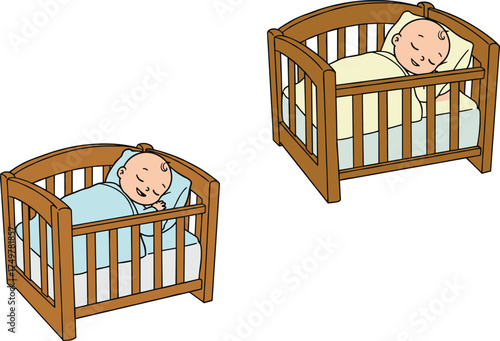 Cartoon babies sleeping in cribs, peaceful nursery scene, infant care illustration, cozy bedding, baby furniture design, stock image, character artwork