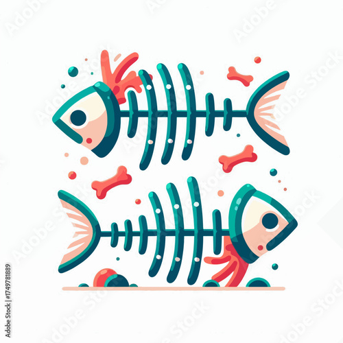 Two stylized fish skeletons with small bones and red splashes, presented in a flat design style.