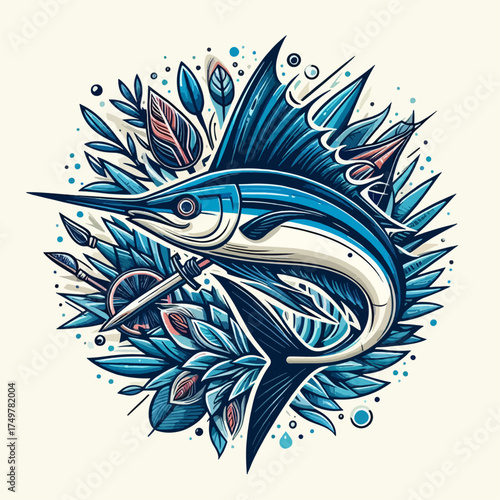 A vibrant illustration of a marlin fish, surrounded by stylized aquatic plants and decorative elements.