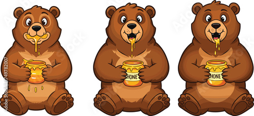 Cartoon bears eating honey, cute animal illustration, expressive bear characters, honey pot, playful bear scene, stock image, kids content