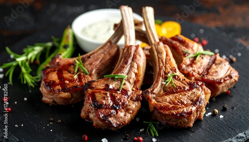 A close-up shot features seared lamb chops, garnished with rosemary, next to a dipping sauce, peppers, and seasoning