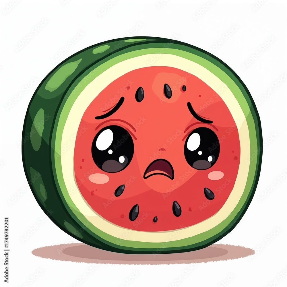 Obraz premium Cute cartoon slice of watermelon with sad expression and big eyes. This unhappy fruit character has green rind, red flesh and black seeds. Digital art style.