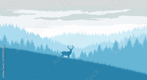 A lone stag pauses on a misty hillside in a serene pixel art forest scene.