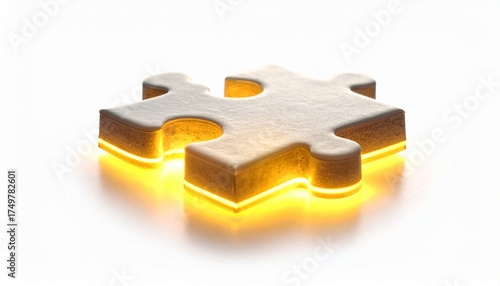 Golden glowing puzzle piece isolated on white background, symbolizing teamwork, problem solving, leadership, innovation, success, and connection in business and personal growth concept.