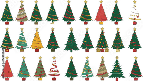 A festive collection of highly detailed Christmas and New Year vector illustrations, including decorated trees, Santa Claus, reindeer, winter scenes, and holiday decorative elements suitable for greet